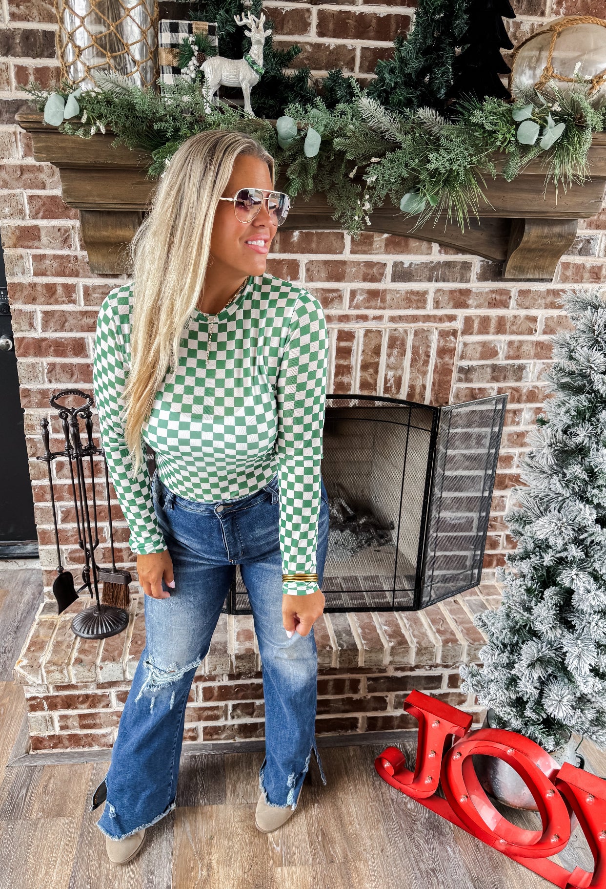 Green Check Mesh Top