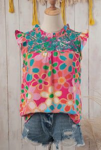 Embroidered Floral Print Ruffle Top