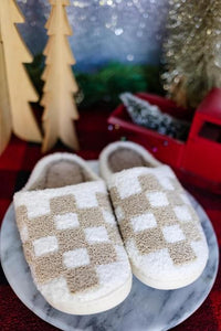 Tan Checkered Plush Slippers *Final Sale*