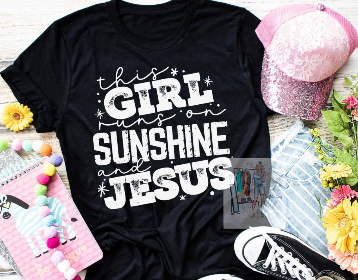 This Girl Runs On Sunshine and Jesus Tee